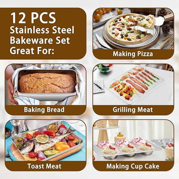 P&P CHEF Stainless Steel Bakeware Set, 12-Piece Kitchen Baking Pans Set, Baking Sheet with Rack, Square Cake Pan with Lid, Lasagna Pan, Loaf Pan, Muffin Pan, Pizza Tray & 2 Covers, Easily Clean