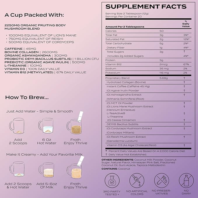 Atlas+ Latte Superblend??Instant Mushroom Coffee with Lion?™s Mane, Reishi, Cordyceps, Ashwagandha, Probiotics, Vitamin D3 & B12, Coconut??for Energy, Focus, Immunity & Gut Health??40 Servings (2 bags)
