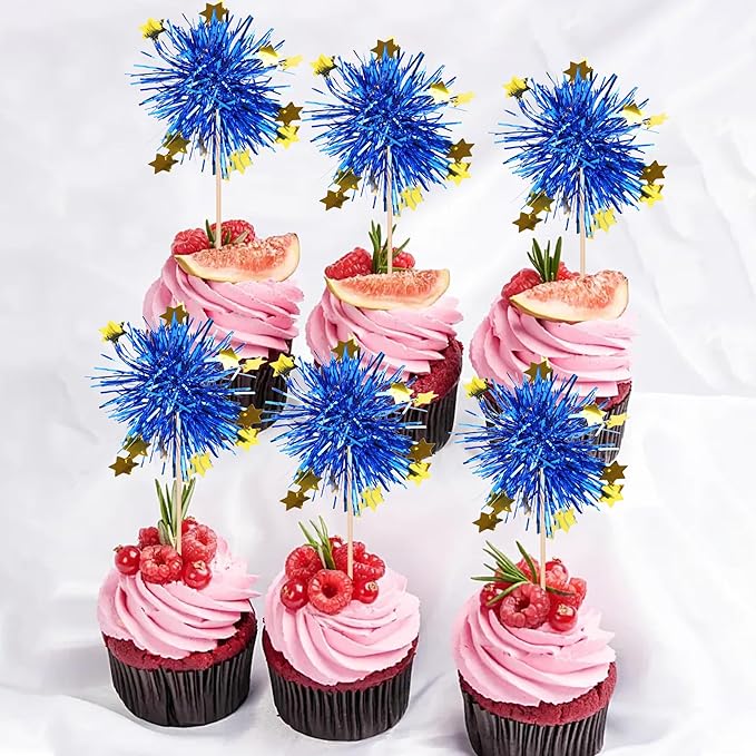 Rsstarxi 30 Pack Foil Firework Cupcake Toppers Sparkle Tinsel Drink Cake Decorations Cocktail Food Toothpicks for Happy Valentine's Day Birthday Wedding Graduation Party Decorations Blue