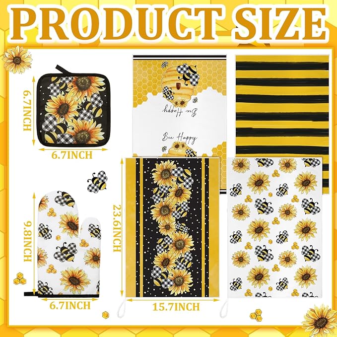 Bencailor 8 Pcs Kitchen Towel Pot Holders and Oven Mitts Set Kitchen Decoration 4 Dish Towels 2 Retro Oven Mitts 2 Potholders for Housewarming Gift Cooking Baking Grilling(Bee and Sunflower,Yellow)