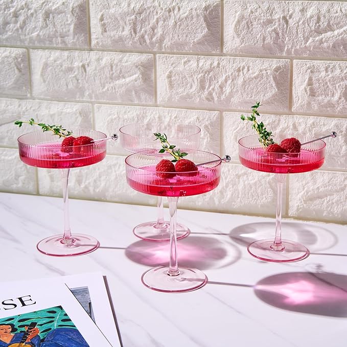 Khen Ribbed Vintage Art Deco Coupe Glasses - Martini, Champagne & Cocktail Ribbed Glasses 8oz | Cute Crystal Glassware Sets, Pink, 4 Pieces, Housewarming Gifts