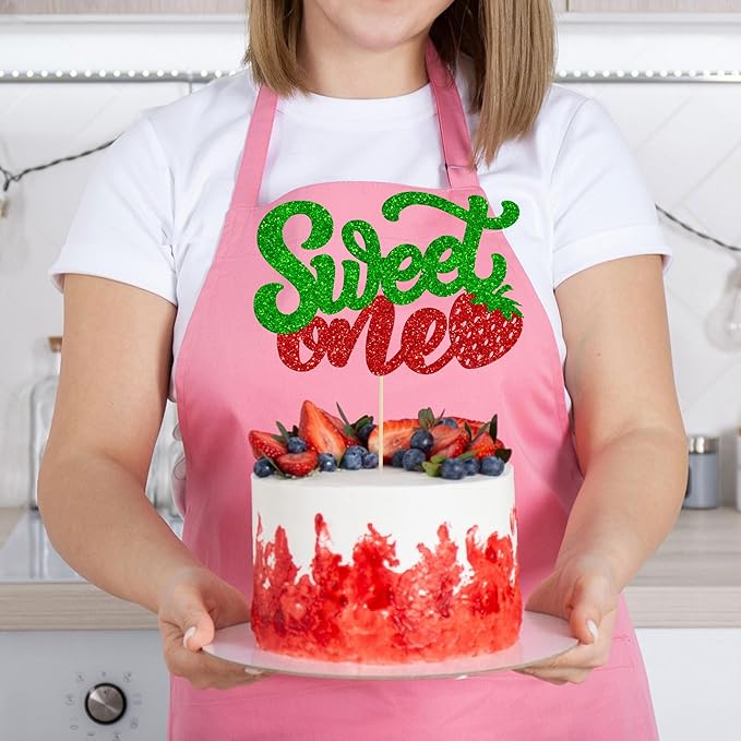 1 Pack Sweet One Cupcake Topper Glitter First Birthday Strawberry Cake Pick for Fruit Baby Shower 1st Birthday Berry Sweet Party Cake Decorations Supplies Green