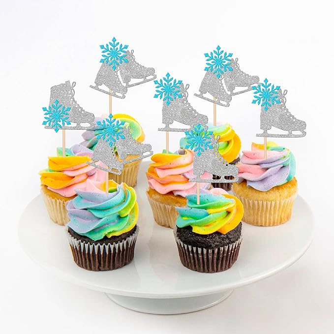 24 PCS Ice Skating Cupcake Toppers Glitter Ice Sports Snowflake Cupcake Picks for Skating Theme Baby Shower Kids Birthday Party Cake Decorations Supplies Silver Blue
