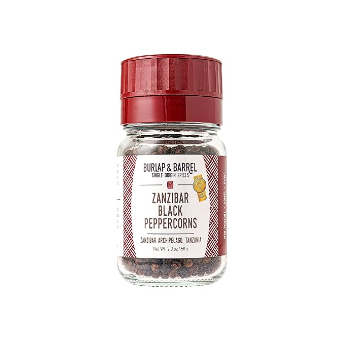 Burlap & Barrel | Zanzibar Black Peppercorns | As Seen On Shark Tank! | Award-Winning, Vine-Ripened, Bright, Lemony, Spicy | Peppercorns Whole, Pepper Corns | 2 Oz Grinder-Top Glass Jar
