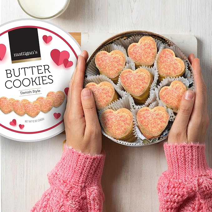 Mattigan's Pink Heart Butter Cookies Danish Style Cookie, 12 Oz Tin, Gourmet Gifts, Holidays, Birthday, Special Occasions, Assorted Cookie Dessert Sweets, Reusable Metal Tin