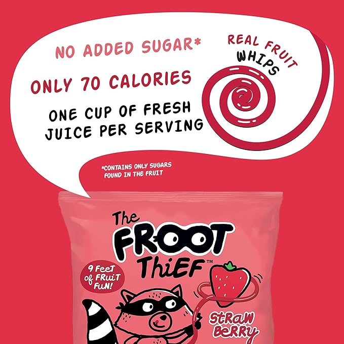 The FROOT Thief Real Fruit Snack Whips, Strawberry, Nut Free, Perfect for School Lunches and Snacks, Individual Bags Kids Snacks, 24 Pack