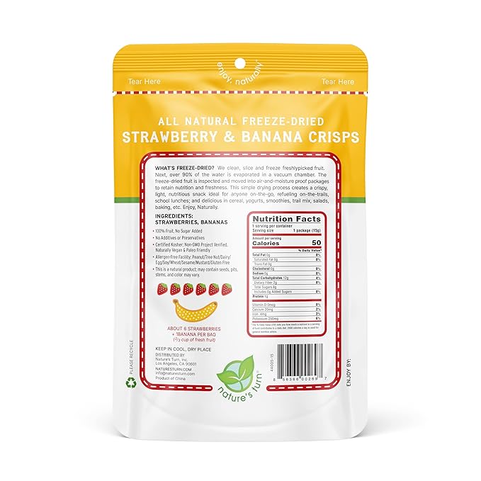 Nature’s Turn Freeze-Dried Strawberry Banana Crisps – Healthy, Gluten-Free, Crispy & Delicious, Plant-Based Snack, Ideal for Cereal, Smoothies, School Lunches, & On-the-Go, Pack of 12 (0.53 oz Each)