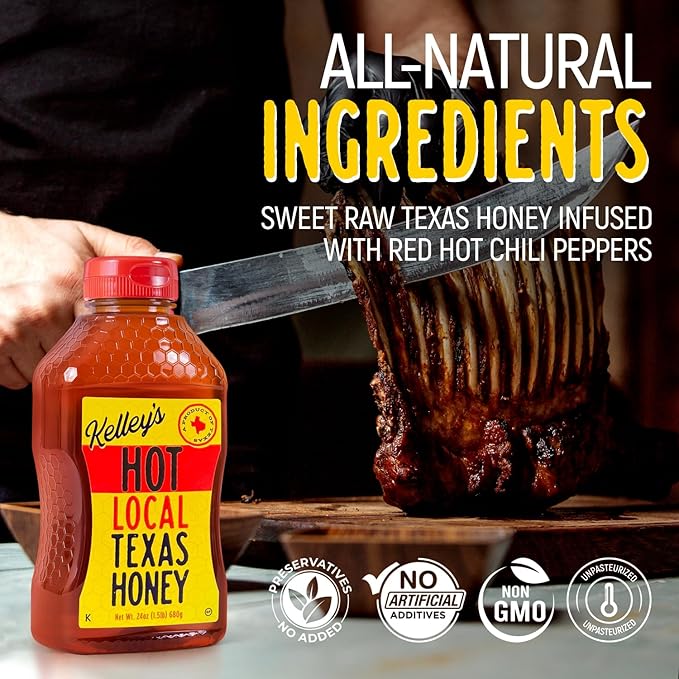 Kelley's Hot Honey, 24 Oz – 100% Unfiltered Raw Honey Infused with Chili Pepper – Rich Flavor for BBQ, Fried Chicken, Pizza, Charcuterie Board, Cornbread