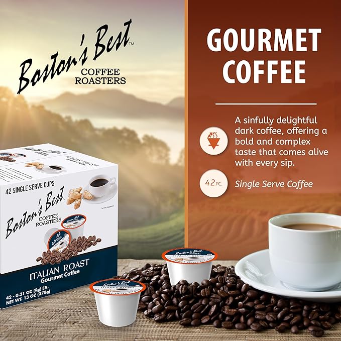 Boston’s Best - Italian Roast, Deliciously Bold Dark Roast Gourmet Coffee Compatible with Keurig Coffee Maker, 1 Count (42 Single Serve Cups)