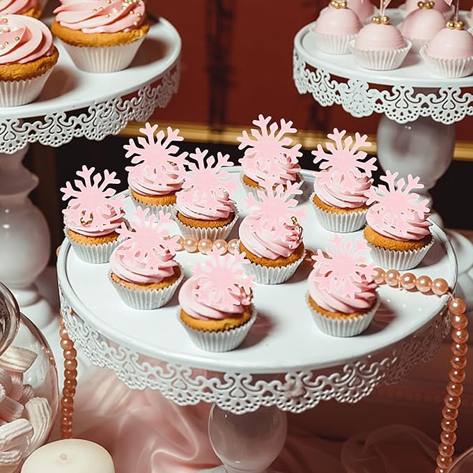 50 PCS Pink Edible Snowflake Cupcake Toppers Edible Snowflakes Cupcake Picks Wafer Paper Frozen Cake Toppers for Christmas Winter Frozen Theme Baby Shower Birthday Party Cake Decorations Supplies