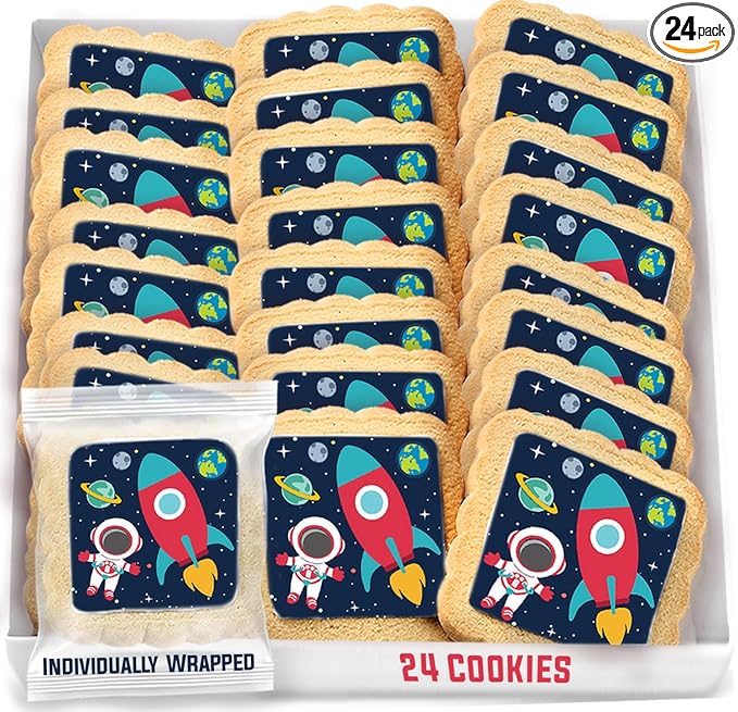 Space Themed Cookies Individually Wrapped Bulk | Outer Space Astronaut Planets Rocketship | Party Favors 24 Pack for Kids Birthday Party Decorated Sugar Cookies