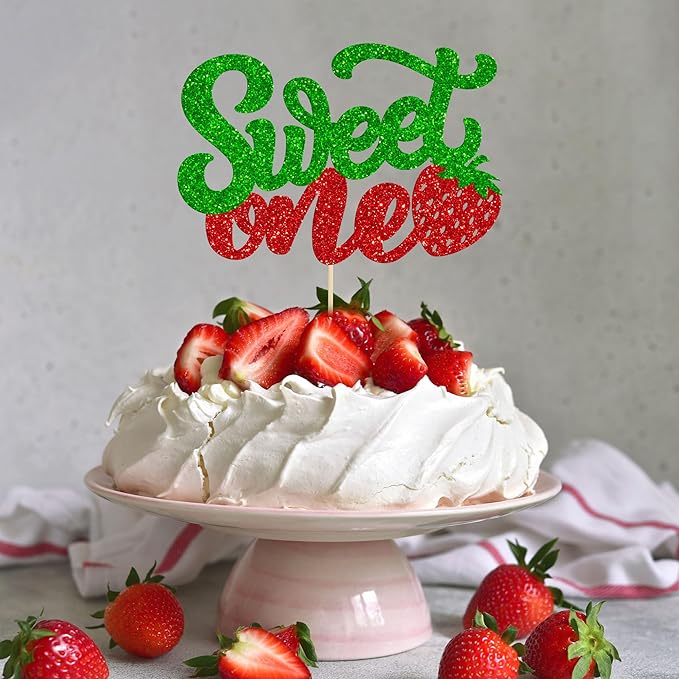 1 Pack Sweet One Cupcake Topper Glitter First Birthday Strawberry Cake Pick for Fruit Baby Shower 1st Birthday Berry Sweet Party Cake Decorations Supplies Green