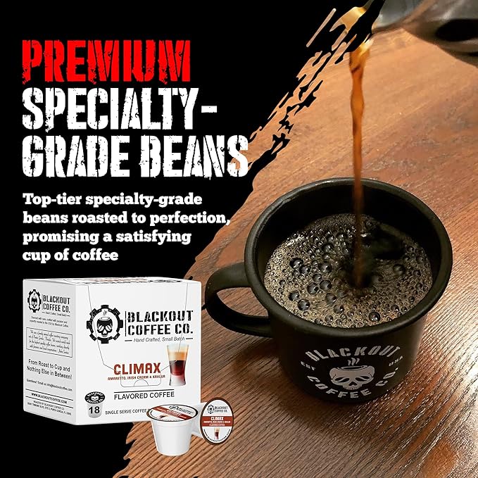 BLACKOUT COFFEE CLIMAX Amaretto, Irish Cream & Kahlua Flavored Coffee Pods ??Premium Arabica, Smooth Taste, Guilt-Free Indulgence ??18 Count Single Serve K-Cups, American Made