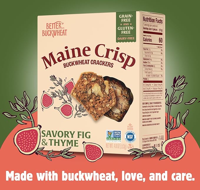 Maine Crisp Savory Fig & Thyme Crisps, 4 Pack, Vegan Gluten Free Crackers - Snack Crackers, Grain Free, Dairy Free, Non-GMO - Sweet & Savory Flavor, For Cheese Boards, Salad Toppings & Jams