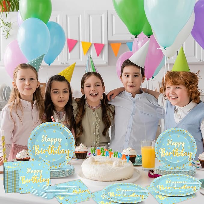 96PCS Blue Birthday Plates and Napkins Birthday Party Decorations Light Blue and Gold Dessert Plates Tableware for 24 Guests Kids Party Supplies