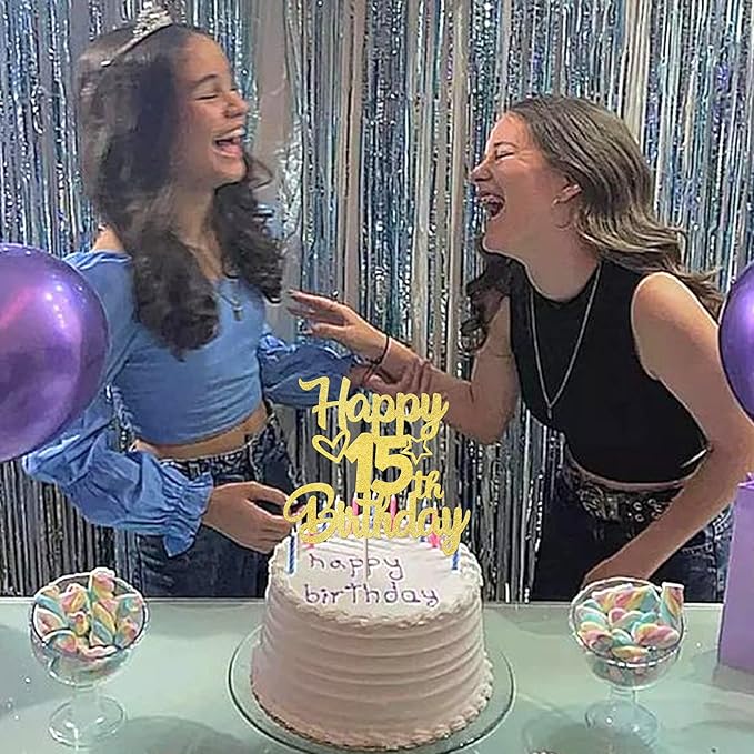 1 Pack Happy 15th Birthday Cake Topper Glitter Heart Star 15 Fabulous Cake Pick Birthday Sign Cake Decorations for 15th Birthday Theme Party Supplies Gold