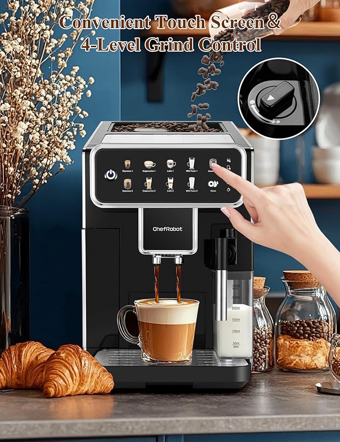 Fully Automatic Espresso Machine 12 Cup Coffee Maker One-Touch Cappuccino/Latte/Americano/Espresso with Self-Cleaning & Adjustable Grinder for Home/Office/Coffee Lovers/Busy Workers/Small Caf챕s