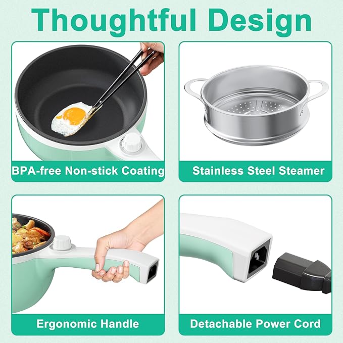 Dezin Hot Pot Electric with Steamer Upgraded, Non-Stick Saut챕 Pan, Rapid Noodles Electric Pot, 1.5L Mini Pot for Steak, Egg, Fried Rice, Ramen, Oatmeal, Soup with Power Adjustment