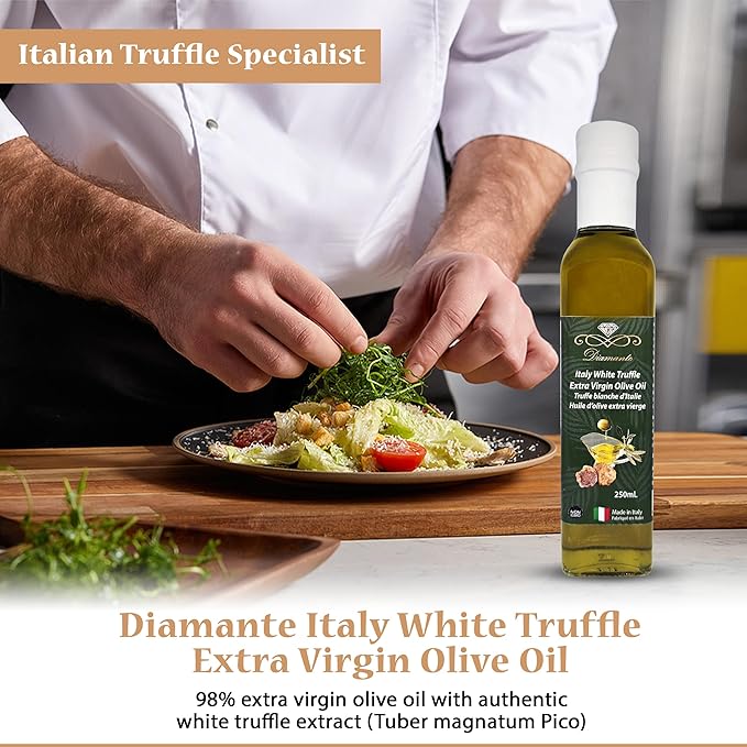 Diamante Italy White Truffle Extra Virgin Olive Oil - White Truffle (Tuber magnatum Pico) Gourmet Oil for Dressing, Seasoning, Marinade & Drizzle - Non GMO & Product from Italy - 250ml