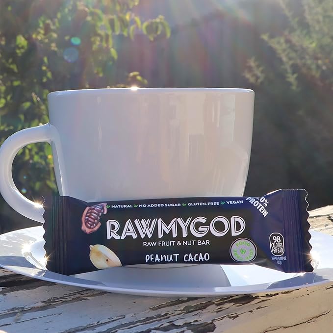 RAWMYGOD Fruit and Nut Bars, Good Source of Protein (5g, 20% protein content), Gluten Free, Vegan, No Added Sugar (20 bars, Peanut & Cacao)