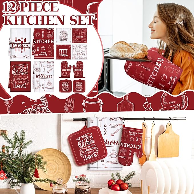 Bencailor 12 Pcs Farmhouse Kitchen Decor Sets, 8 Red Kitchen Dish Towels 2 Pot Holders 2 Oven Mitts Glove, Rustic Hand Towels and Dishcloths Sets for Home Decorations Accessories Christmas Mom Gifts
