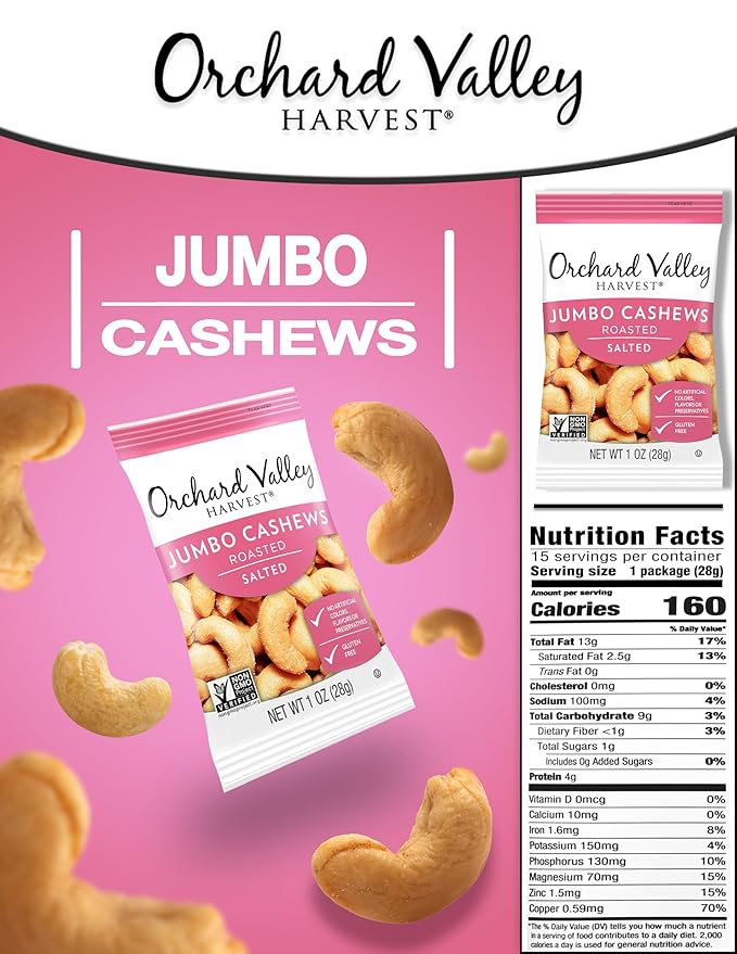 Orchard Valley Harvest Jumbo Cashews, 1 oz Bags (Pack of 15), Whole Roasted Salted Cashews, Gluten Free, No Artificial Colors, Flavors or Preservatives, Non-GMO, Snacks for Adults