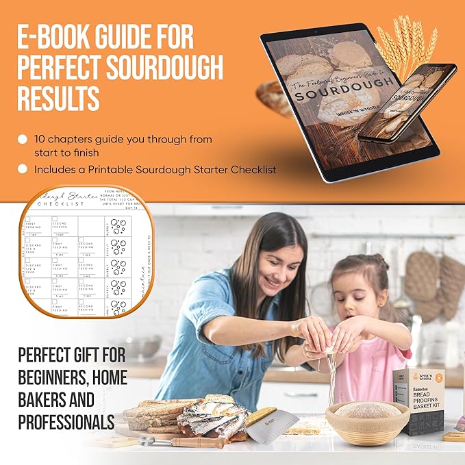 Complete Sourdough Starter Kit and Sourdough Bread Baking Supplies - Includes 9" Banneton Proofing Basket, 34oz Sourdough Starter Jar, Silicone Bread Sling, Scrapers, Bread Lame and Measuring Spoons