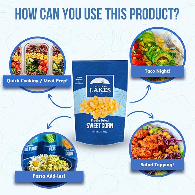 Thousand Lakes Freeze Dried Vegetables - Sweet Corn 2-pack 3.6 ounces (7.2 ounces total) | 100% Whole Sweet Corn Kernels