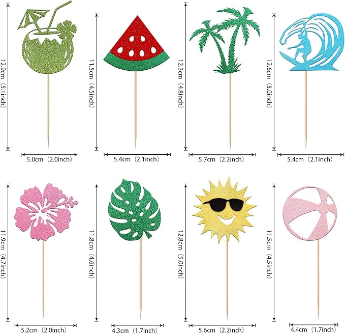 24 Pack Summer Beach Cupcake Toppers Sun Umbrella Ball Watermelon Water Gun Slippers Cupcake Picks Hawaiian Pool Theme Baby Shower Birthday Party Cupcake Decoration Supplies