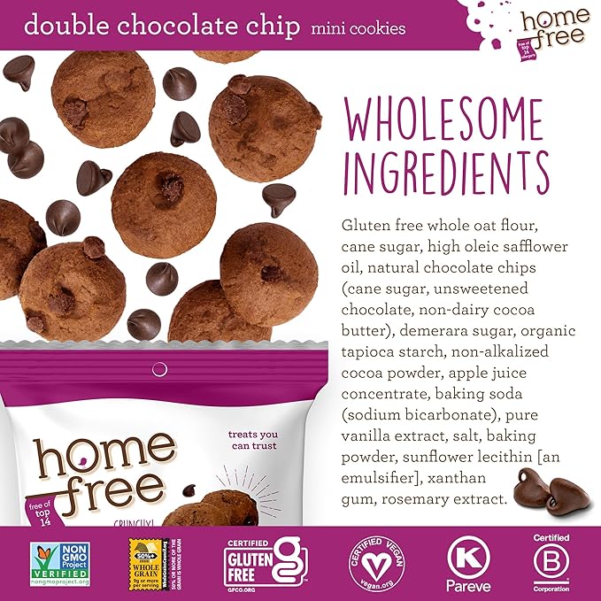Homefree Treats You Can Trust Gluten Free Mini Cookies, Single Serve, Double Chocolate Chip, 0.95 Ounce (Pack of 10)