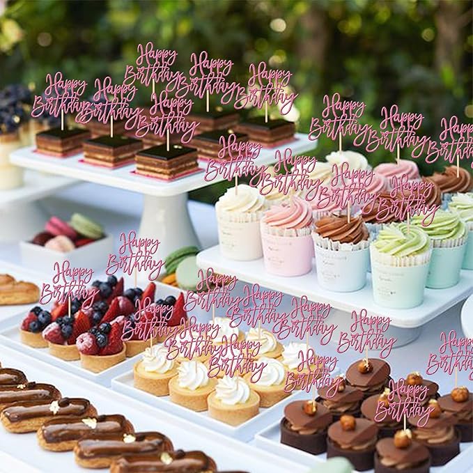 24 PCS Happy Birthday Cupcake Toppers Glitter Happy Birthday Cupcake Picks for Celebrating Happy Birthday Anniversary Theme Party Cake Decorations Supplies Pink