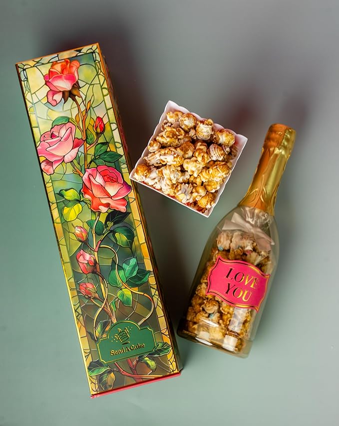 SendaCake Rose Bubble Box with Caramel White Chocolate Popcorn, Ready to Gift, No Assembly Required - Happy Birthday Surprise - Unique Birthday Gift for Women, Men, Sister, Mom, Dad, Best Friend