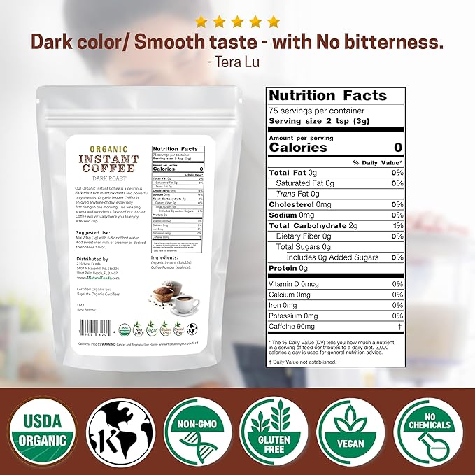 Z Natural Foods Organic Instant Coffee Powder - Rich Dark Roast Flavor, Arabica Instant Espresso Powder with Antioxidants to Boost Energy, Mood & Focus - Gourmet Coffee in Resealable Bag, 8 oz