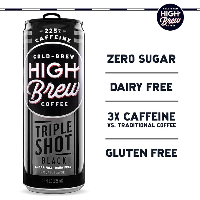High Brew Coffee | Lightly Sweetened Cold Brew Iced Coffee with Pure Cane Sugar – 225 mg Natural Caffeine, Patiently Brewed, Never Heated. Low-Acid, Ready-to-Drink | 8 oz Can (Triple Shot Black)