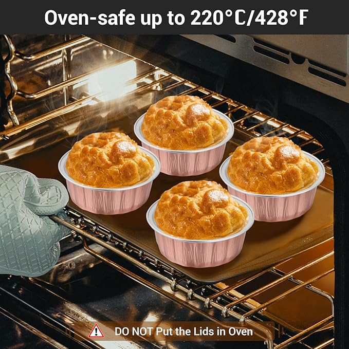 EUSOAR Cake Pans with Lids, 100pcs 9oz Rose Gold Cake Covers and Cake Containers, Disposable Muffin Ramekins Tins with Lids Cupcakes Bread Pudding Round Holders Pans for Wedding Birthday Theme Party