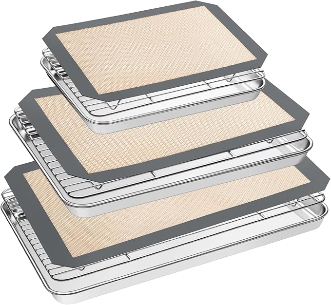 Baking Sheet Tray Cooling Rack with Silicone Mat Set, Stainless Steel Cookie Pan For Oven, Set of 9 (3 Sheets + 3 Racks Mats), Warp Resistant & Heavy Duty Easy Clean, Grey