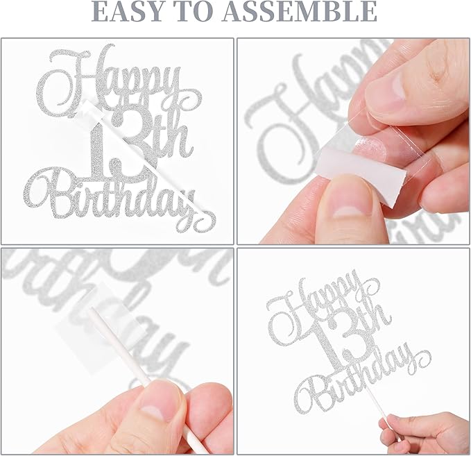 13th Birthday Cake Decorations, 13th Birthday Candles Cake Numeral Candles and Glitter Happy 13th Birthday Cake Toppers Set for Birthday Party Supplies (Silver)