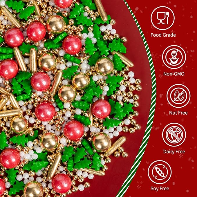 Christmas Tree Sprinkles for Cake Decorating,130g Red Gold and White Pearl,Gold Rods Green Trees Mixed,Edible Sugar Holiday sprinkle for Cupcake Toppers, Cookie, Ice Cream Decorations Christmas Party Supplies