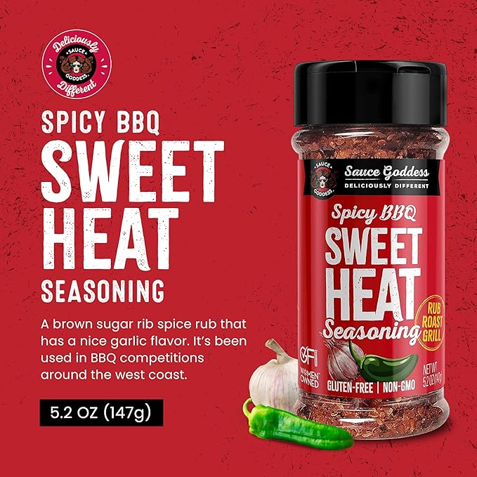 Sauce Goddess - Spicy BBQ Sweet Heat Spice Shaker - Barbeque Rub with Brown Sugar, Garlic, and Sweet Seasonings for Cooking - 5.2 oz