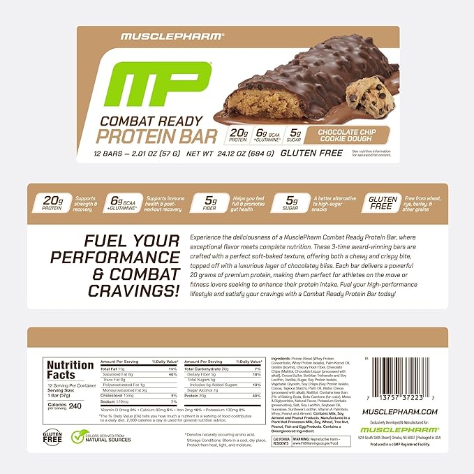 MusclePharm Combat Sport Bar, Chocolate Chip Cookie Dough, High Protein Bars, Combat Cravings, Fuel Performance & Meet Energy Demands, 20g Protein from Whey Protein, 5g Fiber, Gluten Free, 12 Bars