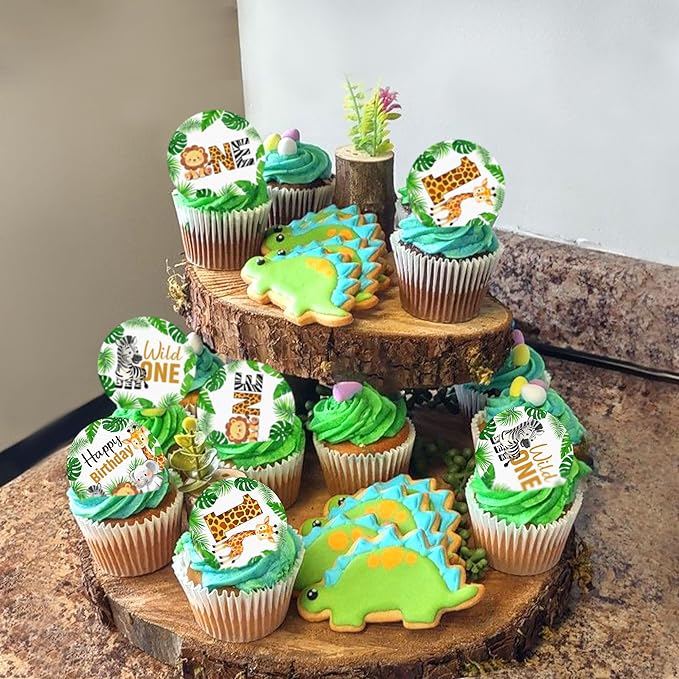 40 PCS Wildlife One Cupcake Toppers Wafer Paper Animal 1st Birthday Decorations Cupcake Toppers for Jungle Safari Animal Theme Baby Shower Kids Birthday Party Cake Decorations