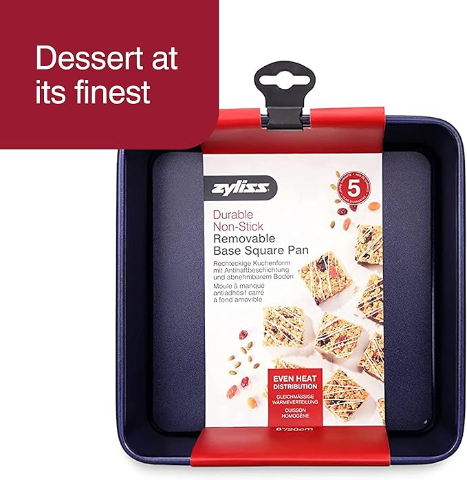 Zyliss E980201 Non-Stick Loose Base Square Cake Tin | 20cm/8in | Carbon Steel | Dark Blue | Baking Tin/Bakeware | Dishwasher Safe | 5 Year Guarantee