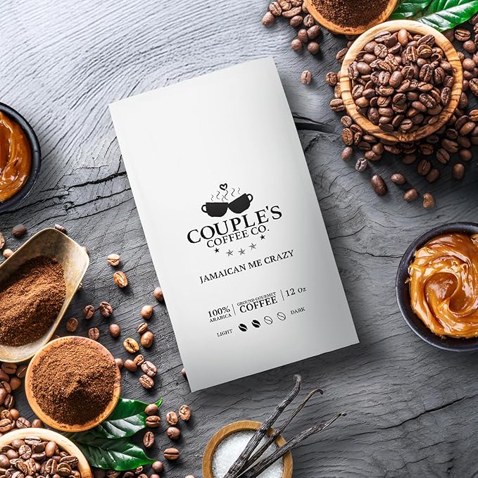 Couple?™s Coffee Ground Coffee | Gives Back to Military Families | Jamaican Me Crazy | Vanilla, Caramel, and Rum Flavored Coffee | Made with 100% Arabica Beans | 12oz bag brews about 34 cups