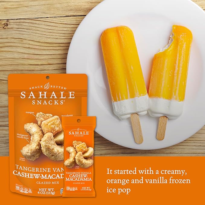 Sahale Snacks Tangerine Vanilla Cashew-Macadamia Glazed Mix, 4 oz Pouches (6 Packs) - Dry-Roasted Deluxe Mixed Nuts with Mangoes & Madagascar Vanilla - Non-GMO, Kosher, & Certified Gluten-Free Snacks
