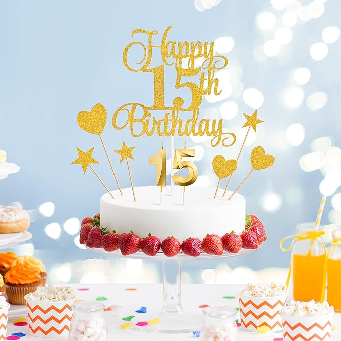 15th Birthday Cake Decorations, 15th Birthday Candles Cake Numeral Candles and Glitter Happy 15th Birthday Cake Toppers Set for Birthday Party Supplies (Gold)