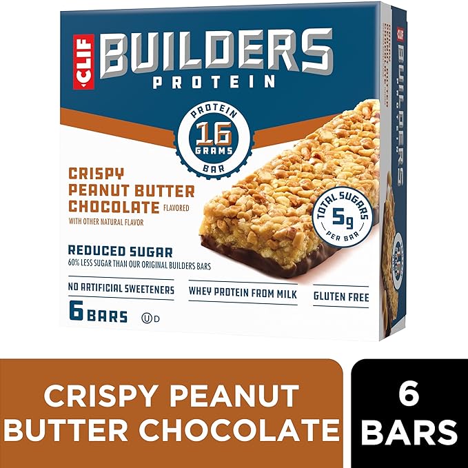 CLIF BUILDERS Protein Bars - Crispy Peanut Butter Chocolate Flavored - Reduced Sugar - Gluten Free - 16g Protein - No Artificial Sweeteners - 1.97 oz. (6 Pack)