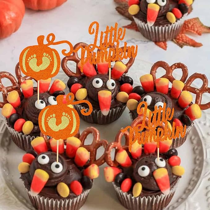 24Pcs Little Pumpkin Cupcake Toppers - Baby Shower Cake Decorations - Baby Feet Pumpkin Cupcake Picks for Thanksgiving Halloween Kids Birthday Party Decorations - Orange Glitter