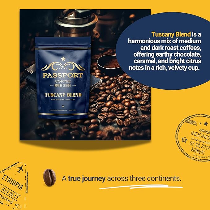 Passport Coffee Tuscany Blend - Medium & dark roast blend from Sumatra, Guatemala & Ethiopia. Flavor notes of caramel and rich chocolate. Premium whole bean coffee, 12oz Bag