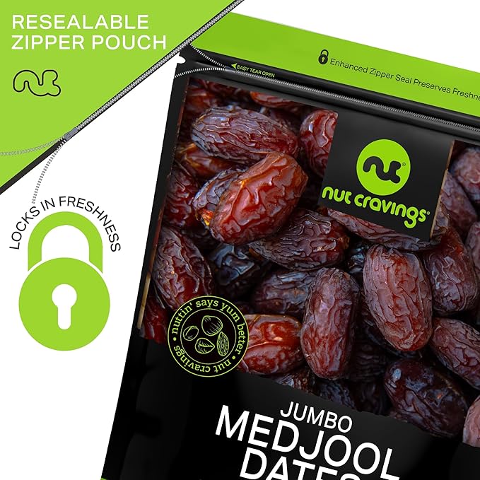 NUT CRAVINGS - Sun Dried Jumbo Medjool Dates, No Sugar Added, Unsulphured (80oz, 5 LB) Bulk Dry Fruits Packed Fresh in Resealable Bag - Sweet Healthy Snack, Naturally Grown, Vegan, Kosher