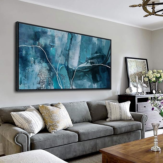Abstract Canvas Wall Art -Blue-Green and Fan Art Large Wall Art for Living Room Bedroom Decor Framed Pictures Artwork for Walls Size 29x58Inches